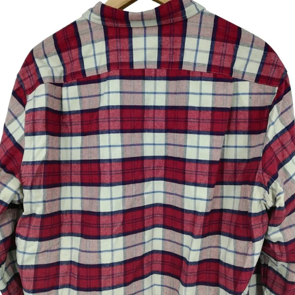 J Crew Flannel Plaid Chamois Elbow Patch Button Up Shirt Size L Red Blue Preppy